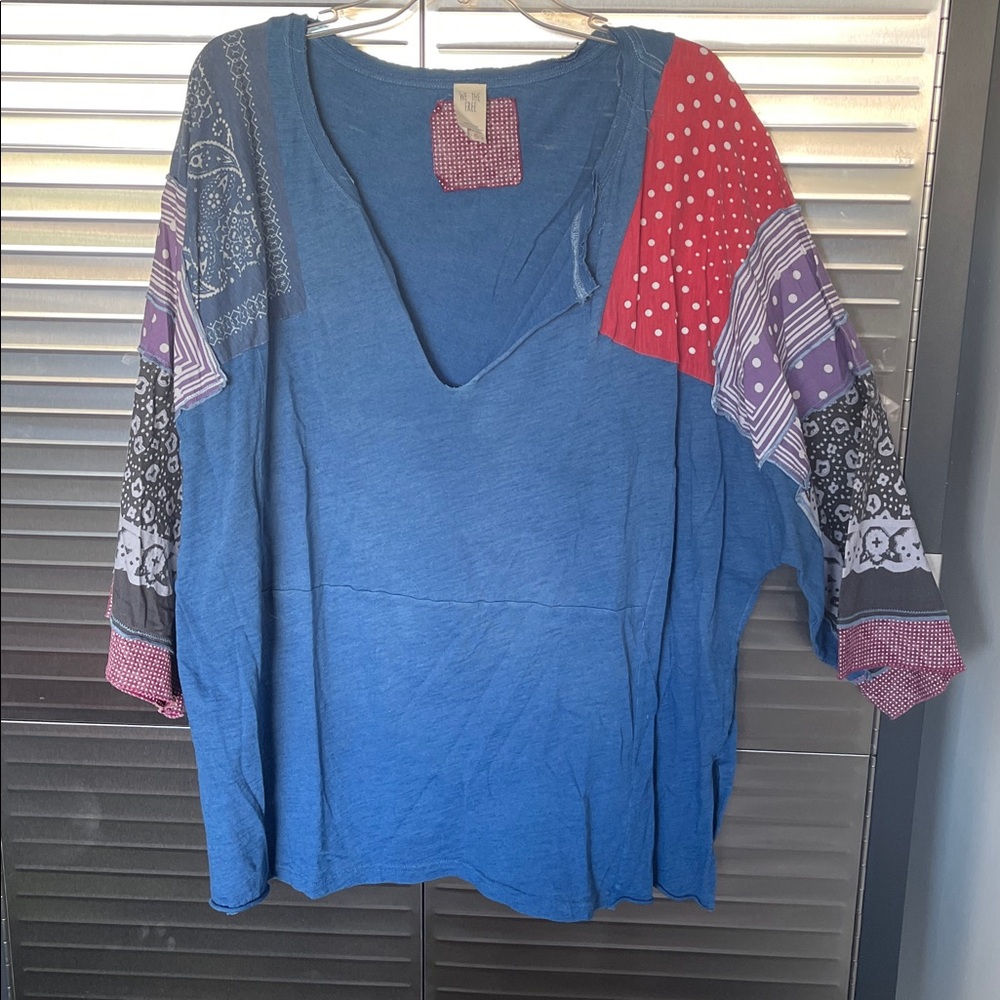 We The Free Blue and Red Patchwork Top